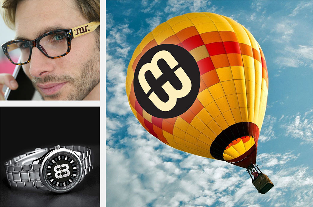 Ambigramme auf Brille, Zifferblatt einer Uhr, Heißluftballon, luxuriös, gestaltet von Roland Scheil, Grafiker