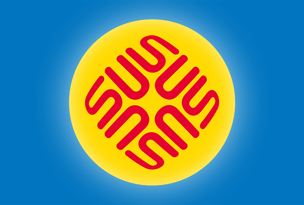 Ambigramm von Sun, gelb, rot, blau, gestaltet von Roland Scheil, Grafiker